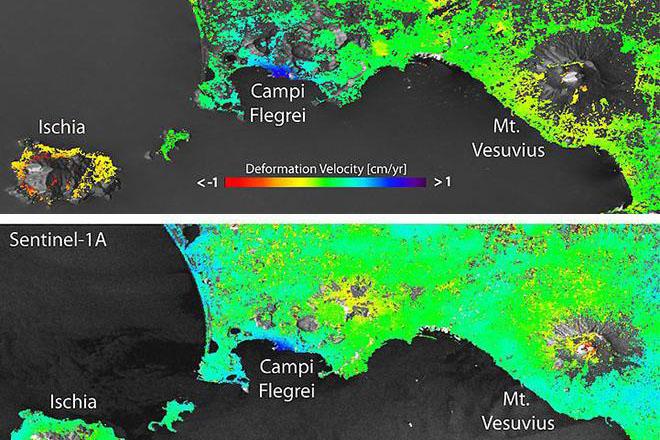 Two maps with dark background and glowing green representation of land